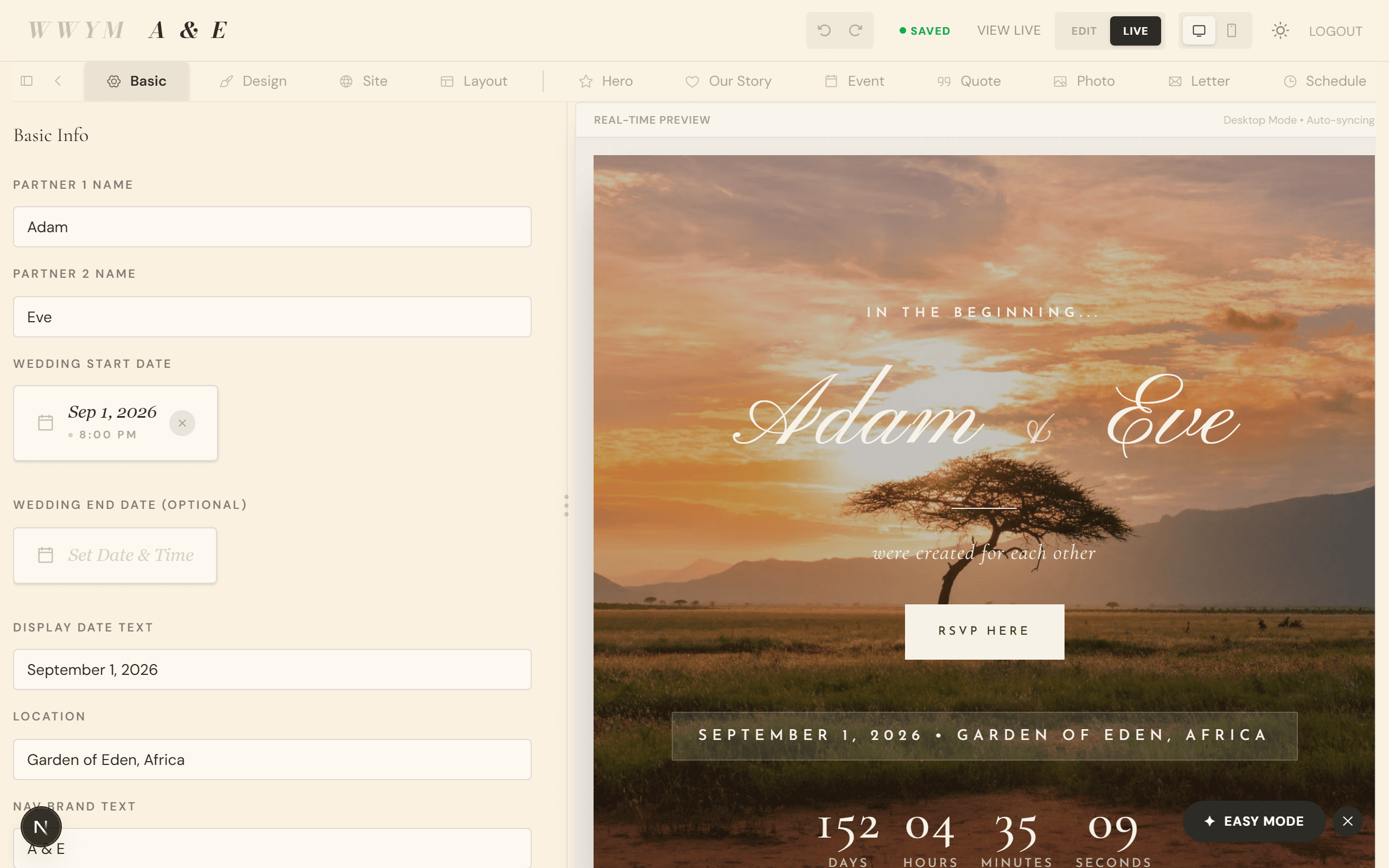 WWYM visual site editor with live preview