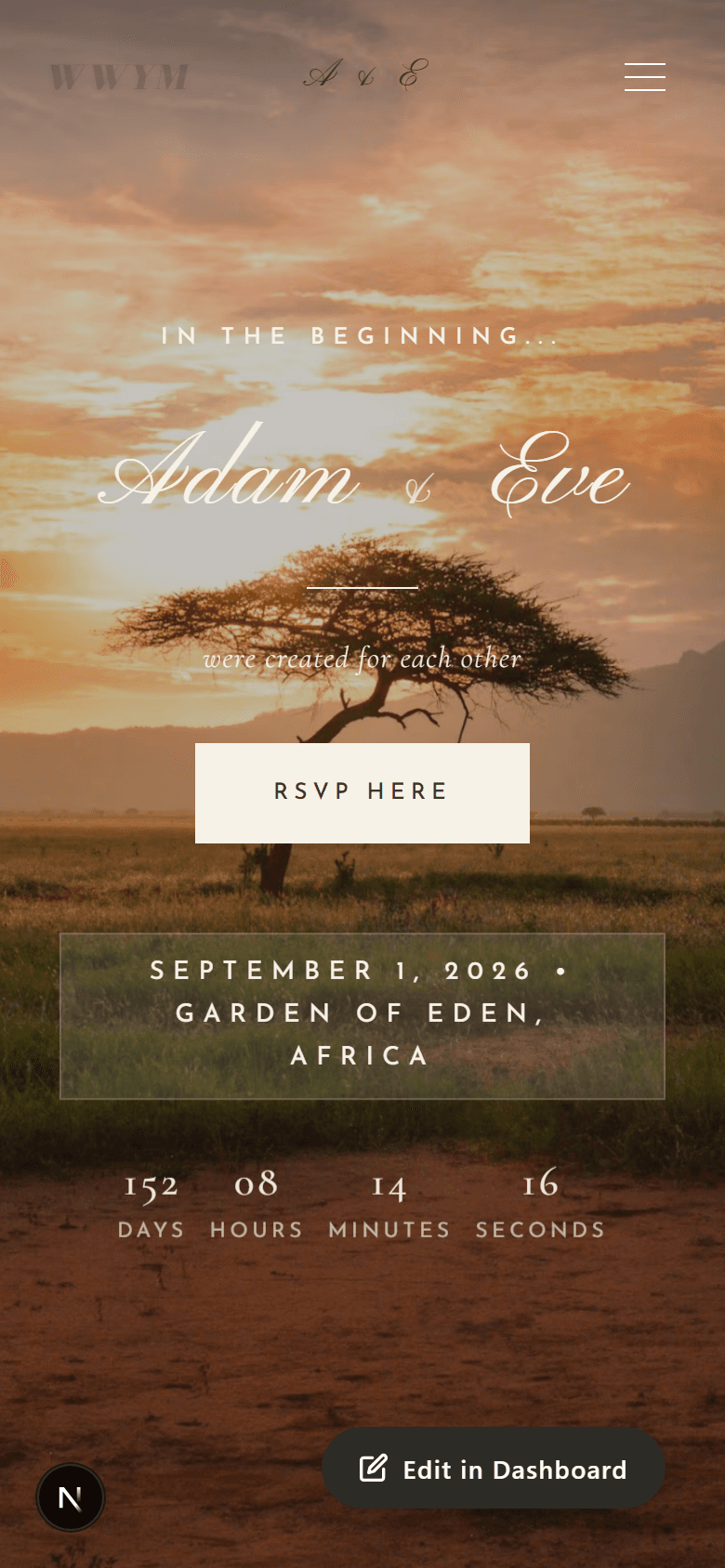 Wedding site on mobile — dark