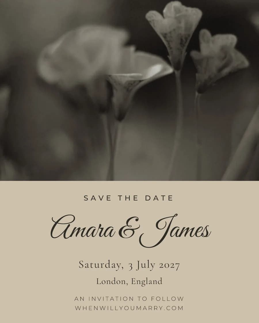 The save-the-date flyer in the accent colourway: a photograph above the couple's names, date and city.