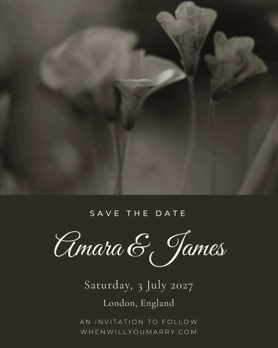 The save-the-date flyer in the dark colourway: a photograph above the couple's names, date and city.