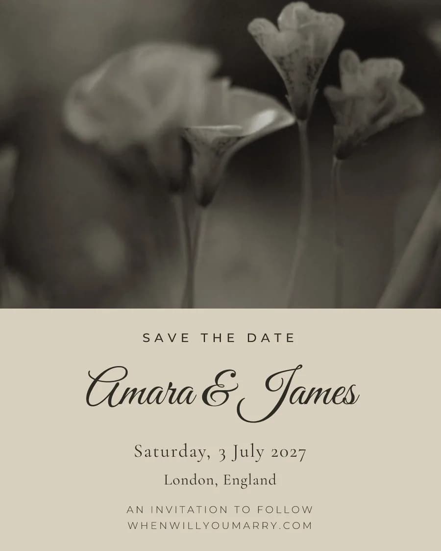 The save-the-date flyer in the soft colourway: a photograph above the couple's names, date and city.