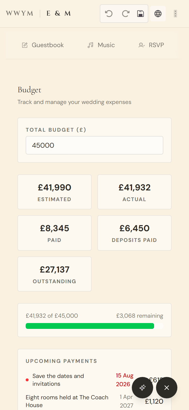 The budget panel: totals for estimated, actual, paid, deposits paid and outstanding above a progress bar reading 41,932 pounds of 45,000, then a list of upcoming payments with an overdue one flagged, and a spend-by-category breakdown.
