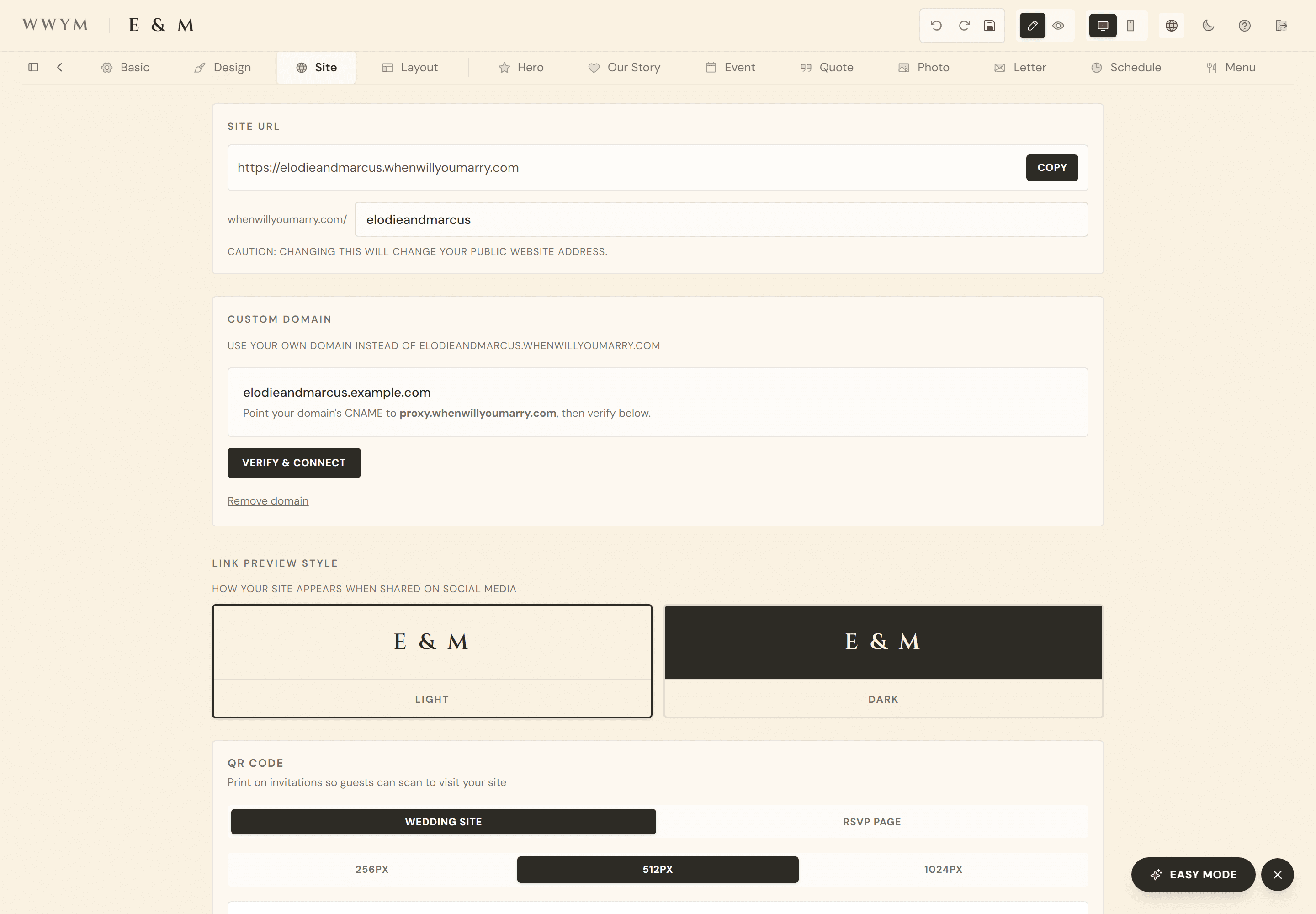 The site settings panel: the free wedding-site address with a copy button, a custom domain awaiting DNS with the CNAME record to add and a verify button, link preview styles, and a printable QR code.