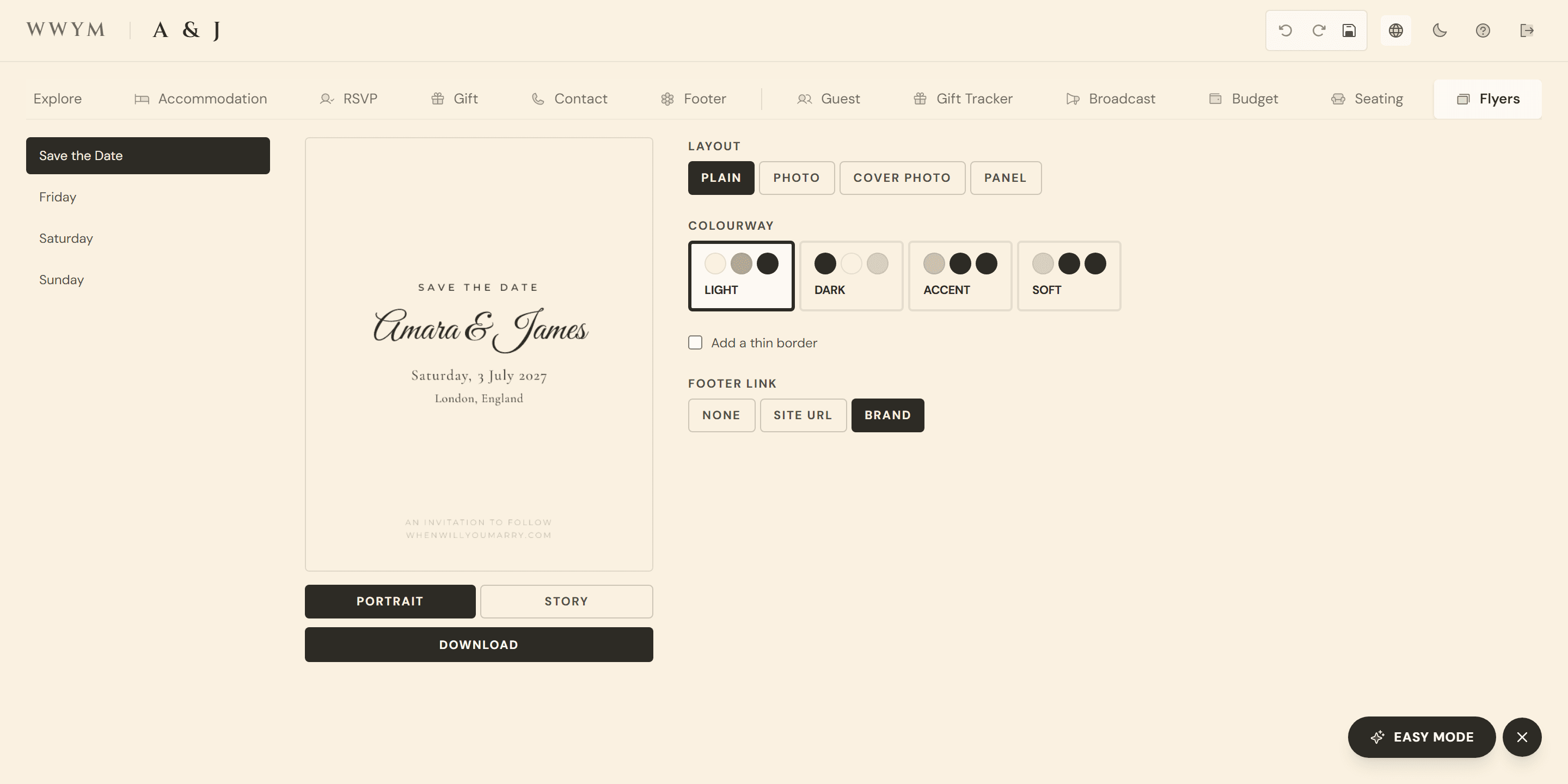 The Flyers panel in the dashboard: a save-the-date preview beside layout controls for plain, photo, cover photo and panel, a colourway row of light, dark, accent and soft, a thin-border toggle, and a footer link set to the brand. Portrait and story sizes sit under the preview above a download button.