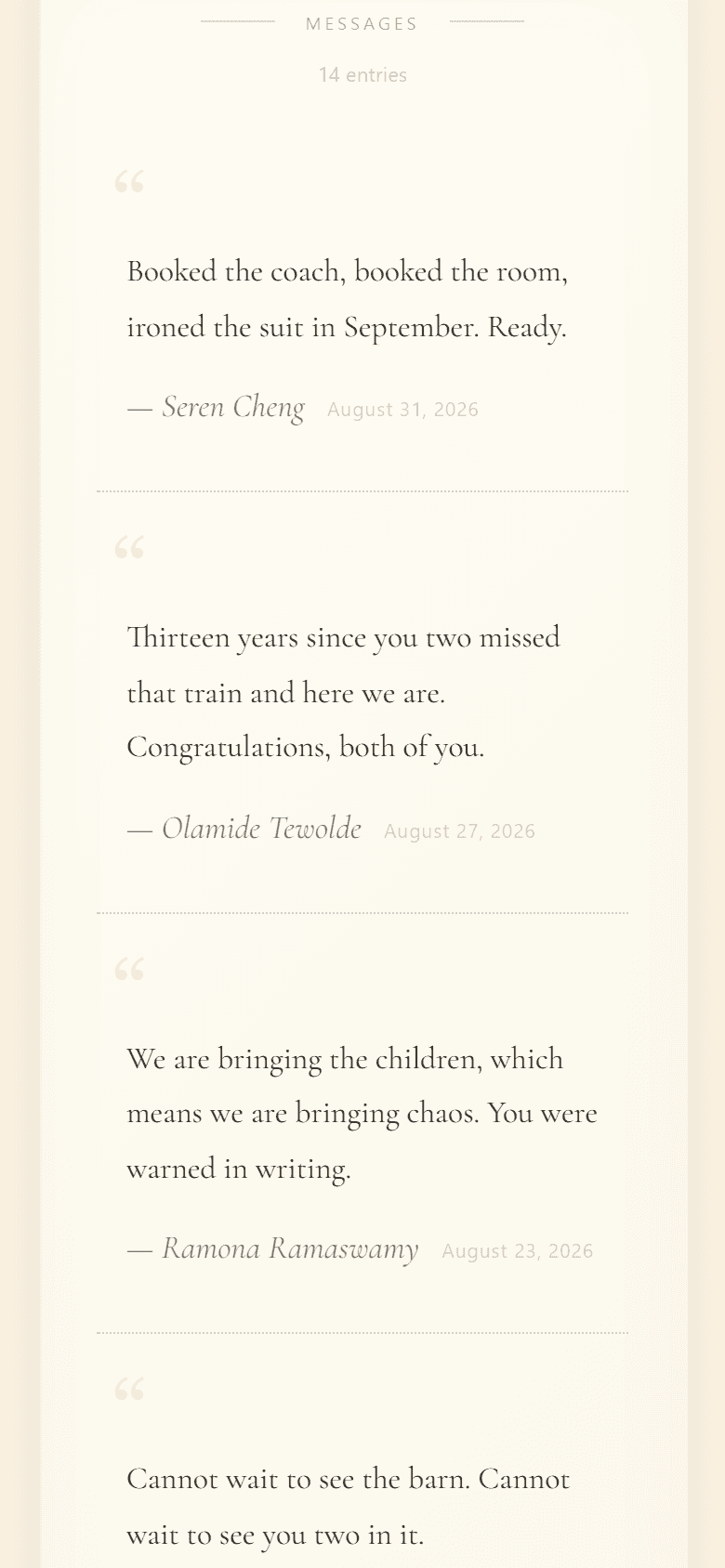 The guestbook on a live wedding site: fourteen entries, each a message signed with the guest's name and the date they wrote it.