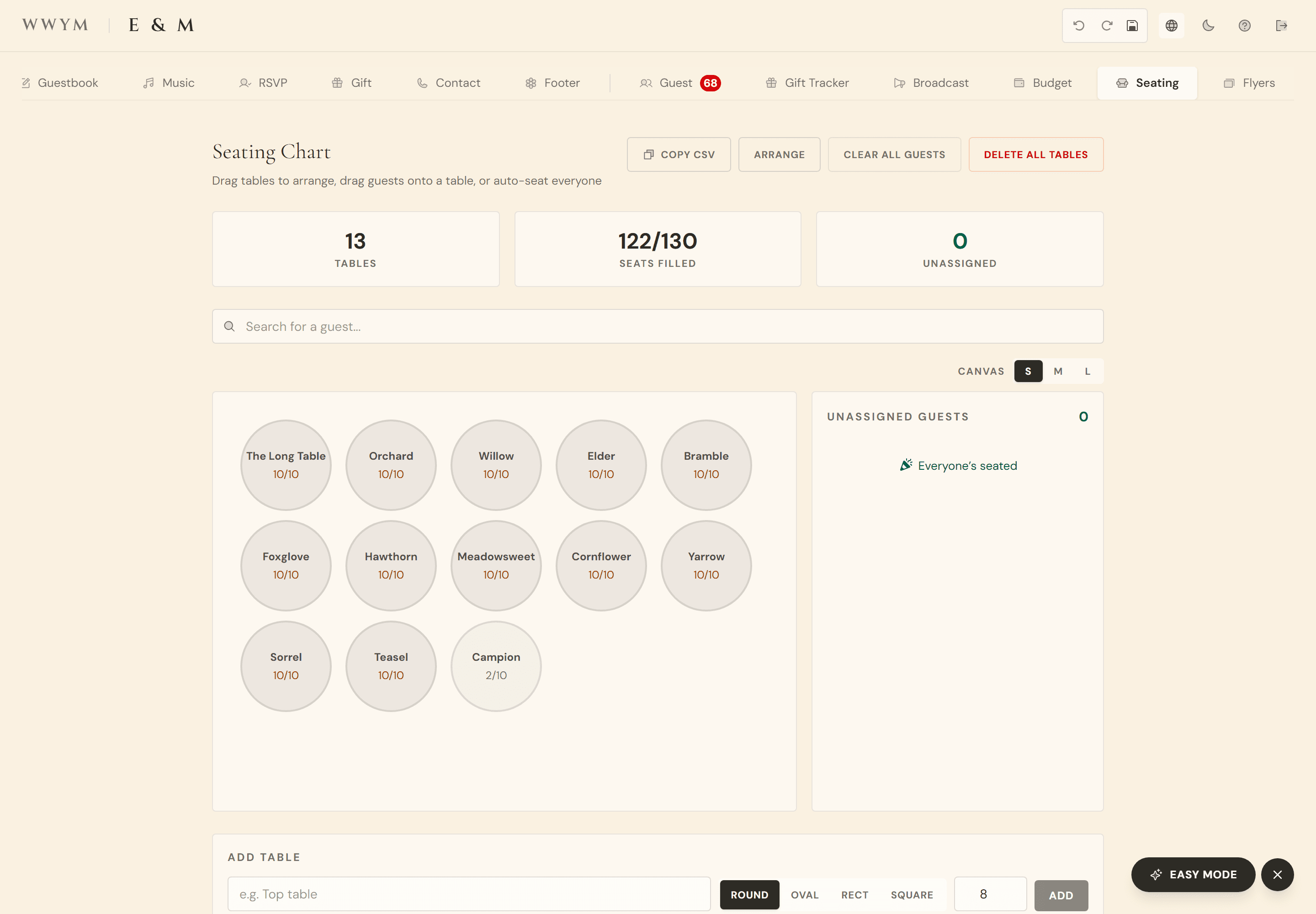 The seating chart in the dashboard: thirteen named round tables laid out on a canvas, each showing ten of ten seats filled, with counters reading 13 tables, 122 of 130 seats filled and nobody unassigned.